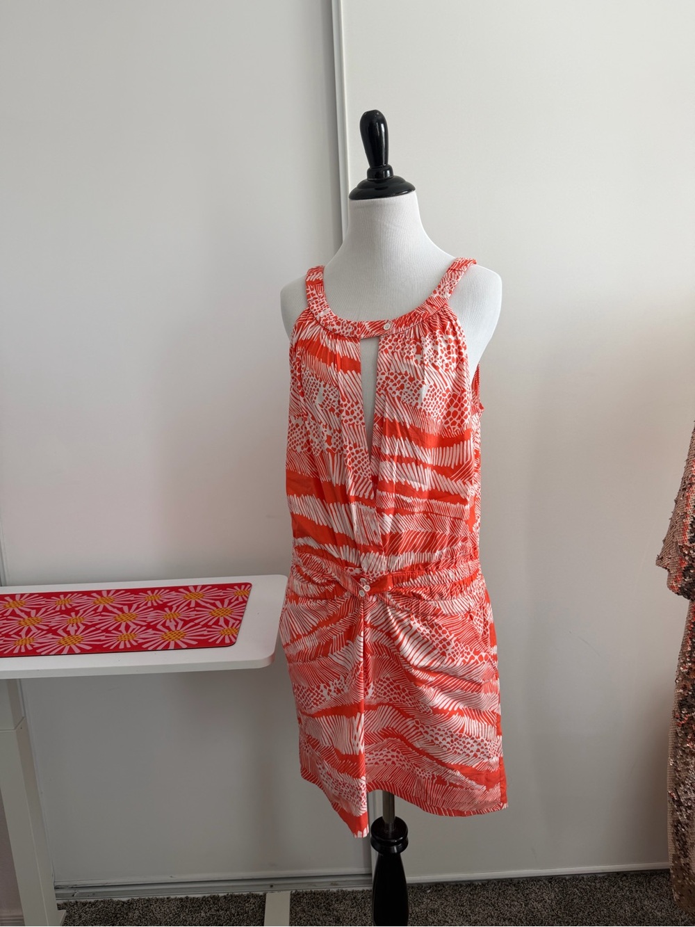 BCBGMaxAzria Orange and White Printed Knot-Front Mini Dress
